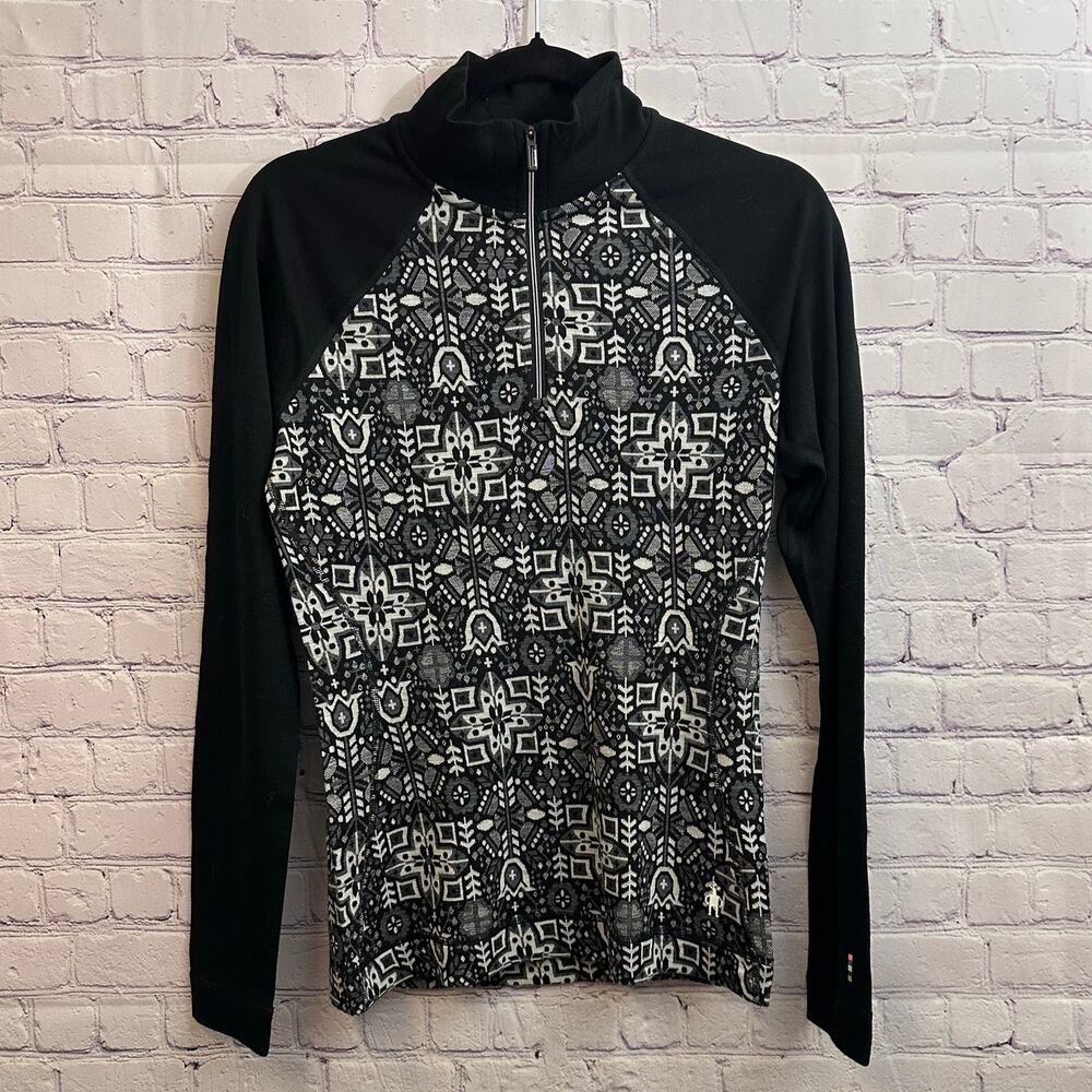 Smartwool Classic Thermal Merino Base Layer 1/4 Zip Black White Women’s Med NWT
